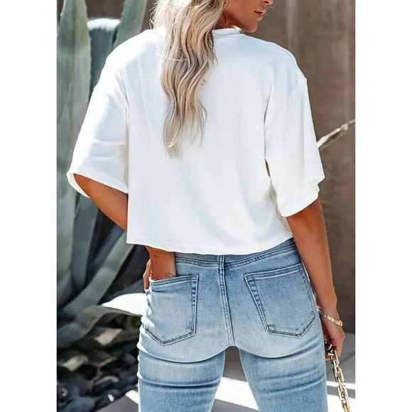 Women's White Half Sleeve Round Neck Casual Summer Basic Tees T-Shirt - Picture 3 of 4